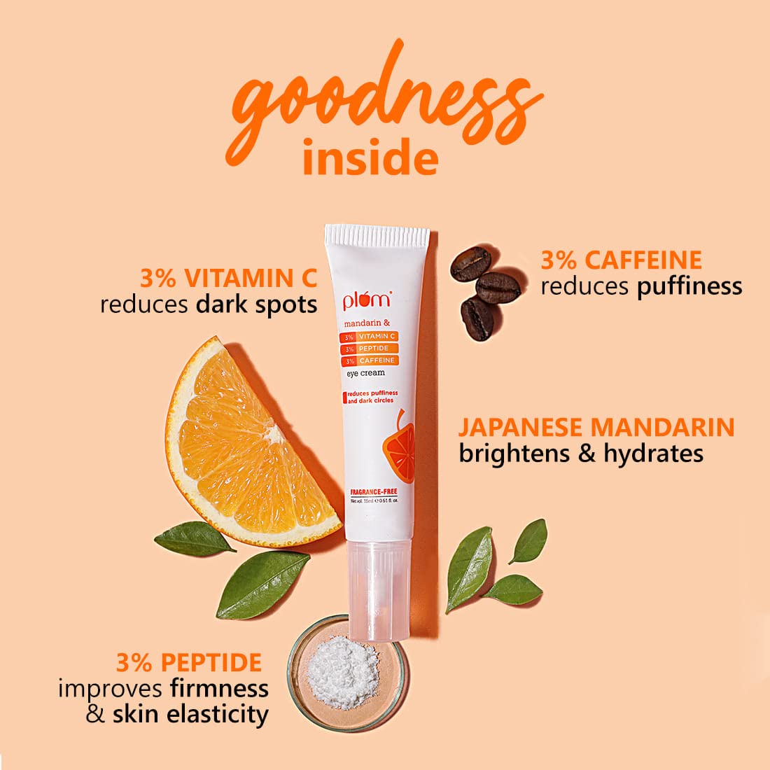 PLUM UNDER EYE CREAM WITH MANDARIN, 3% VITAMIN C, 3% PEPTIDE & 3% CAFFEINE 15ML